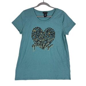 Delusional Shirt Womens Large Blue Leopard Heart Grateful Graphic Casual Tee